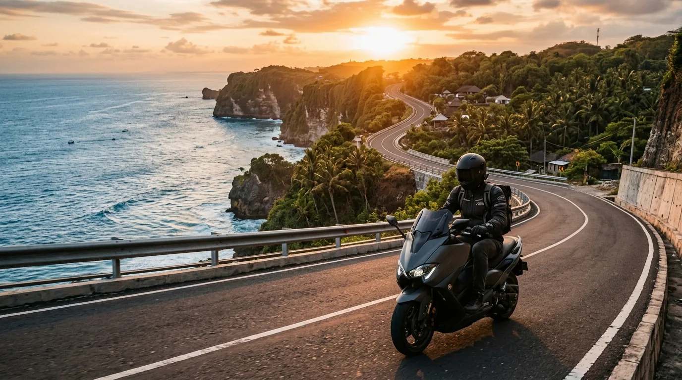 Pengendara motor rental OdiRent menikmati sunset di Bali